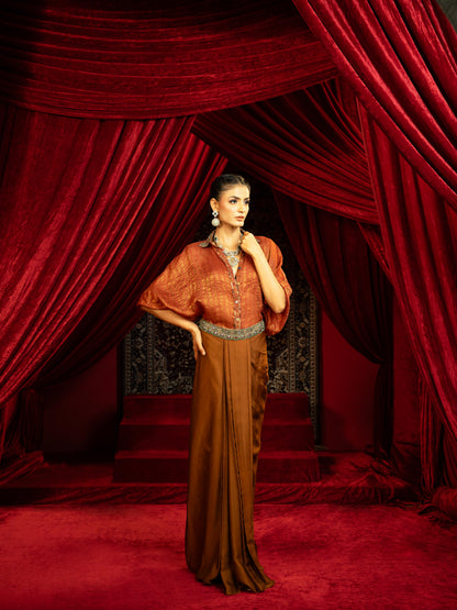MOCHA MOUSSE DRAPE DHOTI SKIRT WITH RUST BOHO SHIRT
