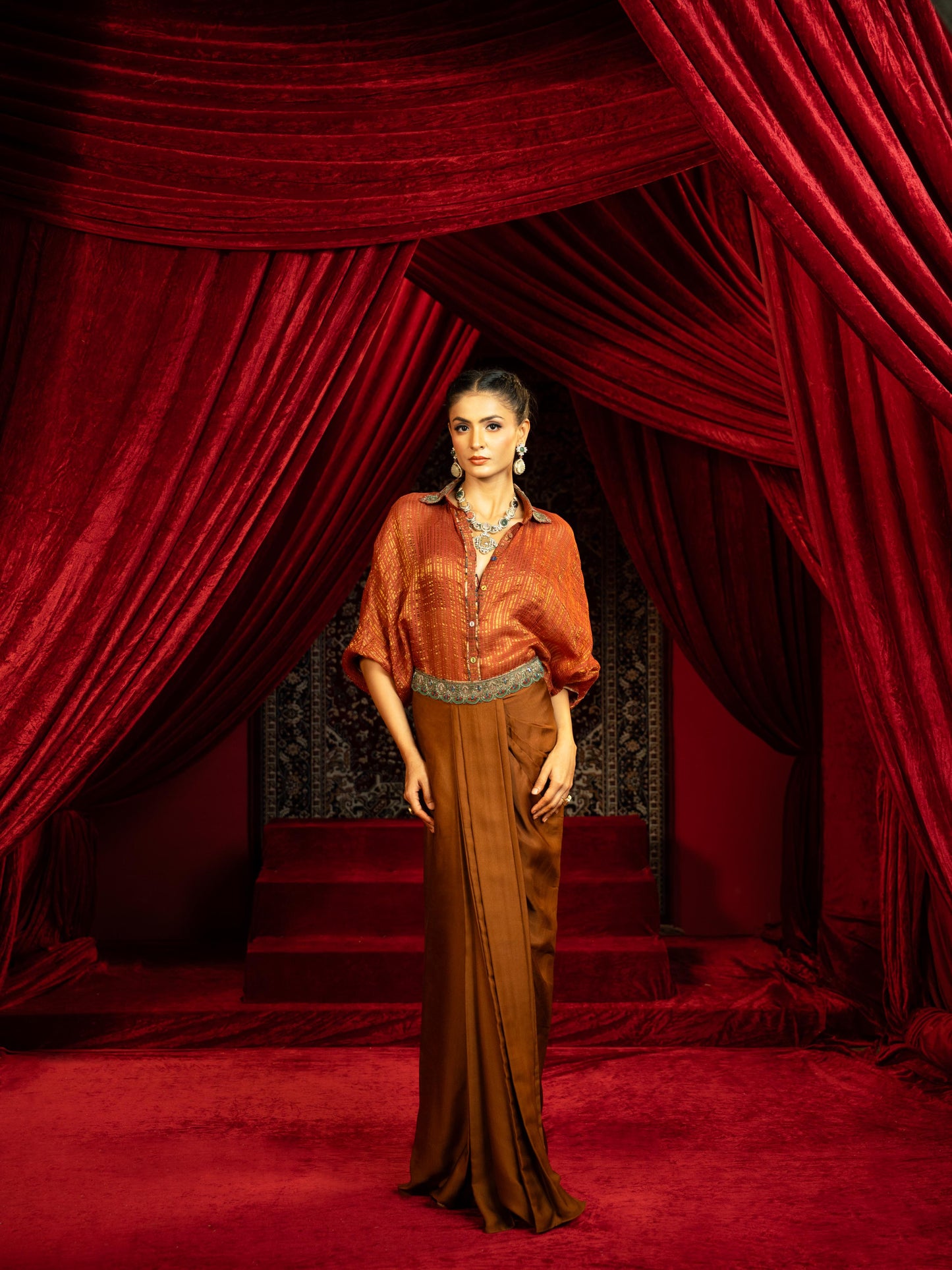 MOCHA MOUSSE DRAPE DHOTI SKIRT WITH RUST BOHO SHIRT