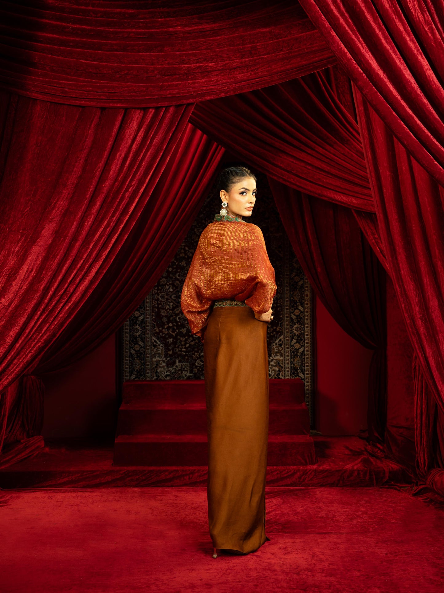 MOCHA MOUSSE DRAPE DHOTI SKIRT WITH RUST BOHO SHIRT