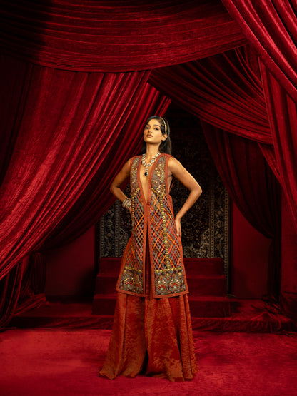 MULTICOLOUR JALIDAR EMBROIDERED LONG JACKET WITH CRIMSON SHARARA PANTS