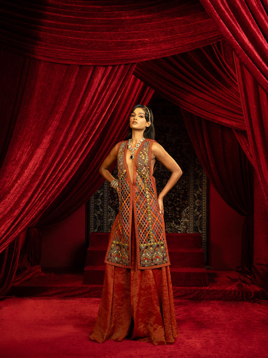 MULTICOLOUR JALIDAR EMBROIDERED LONG JACKET WITH CRIMSON SHARARA PANTS