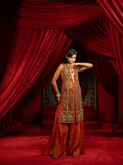 MULTICOLOUR JALIDAR EMBROIDERED LONG JACKET WITH CRIMSON SHARARA PANTS