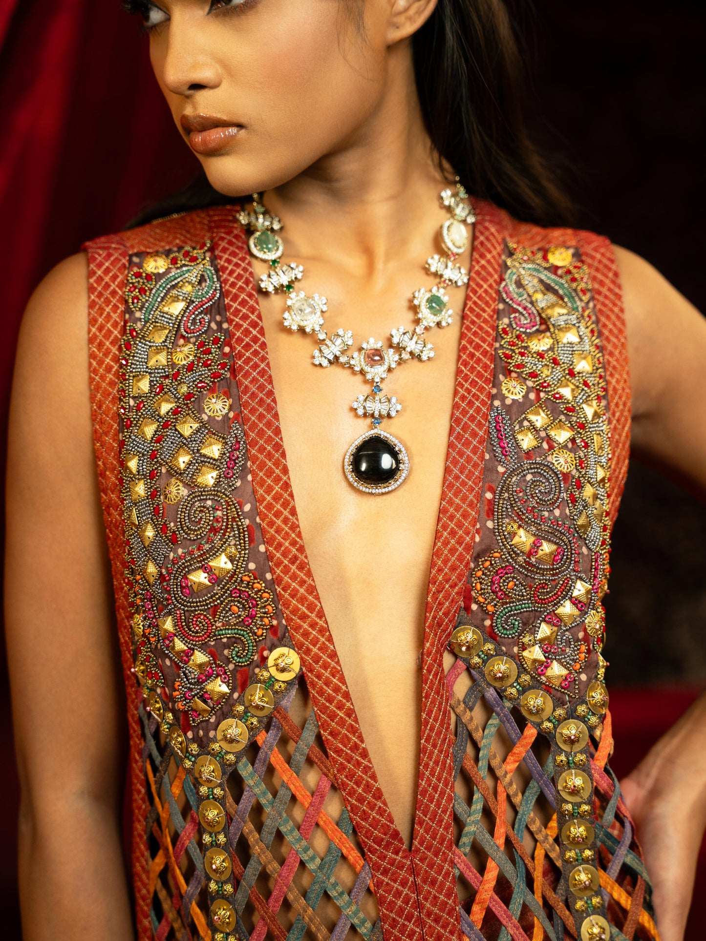 MULTICOLOUR JALIDAR EMBROIDERED LONG JACKET WITH CRIMSON SHARARA PANTS