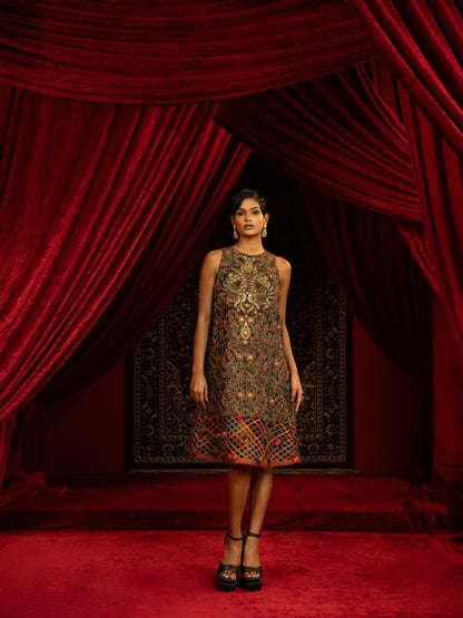 BLACK VINTAGE METAL EMBROIDERED A-LINE SHIFT DRESS WITH JALI HEMLINE & MULTICOLOUR POM-POMS