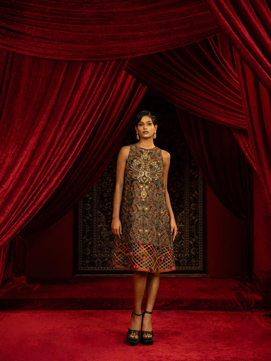 BLACK VINTAGE METAL EMBROIDERED A-LINE SHIFT DRESS WITH JALI HEMLINE & MULTICOLOUR POM-POMS