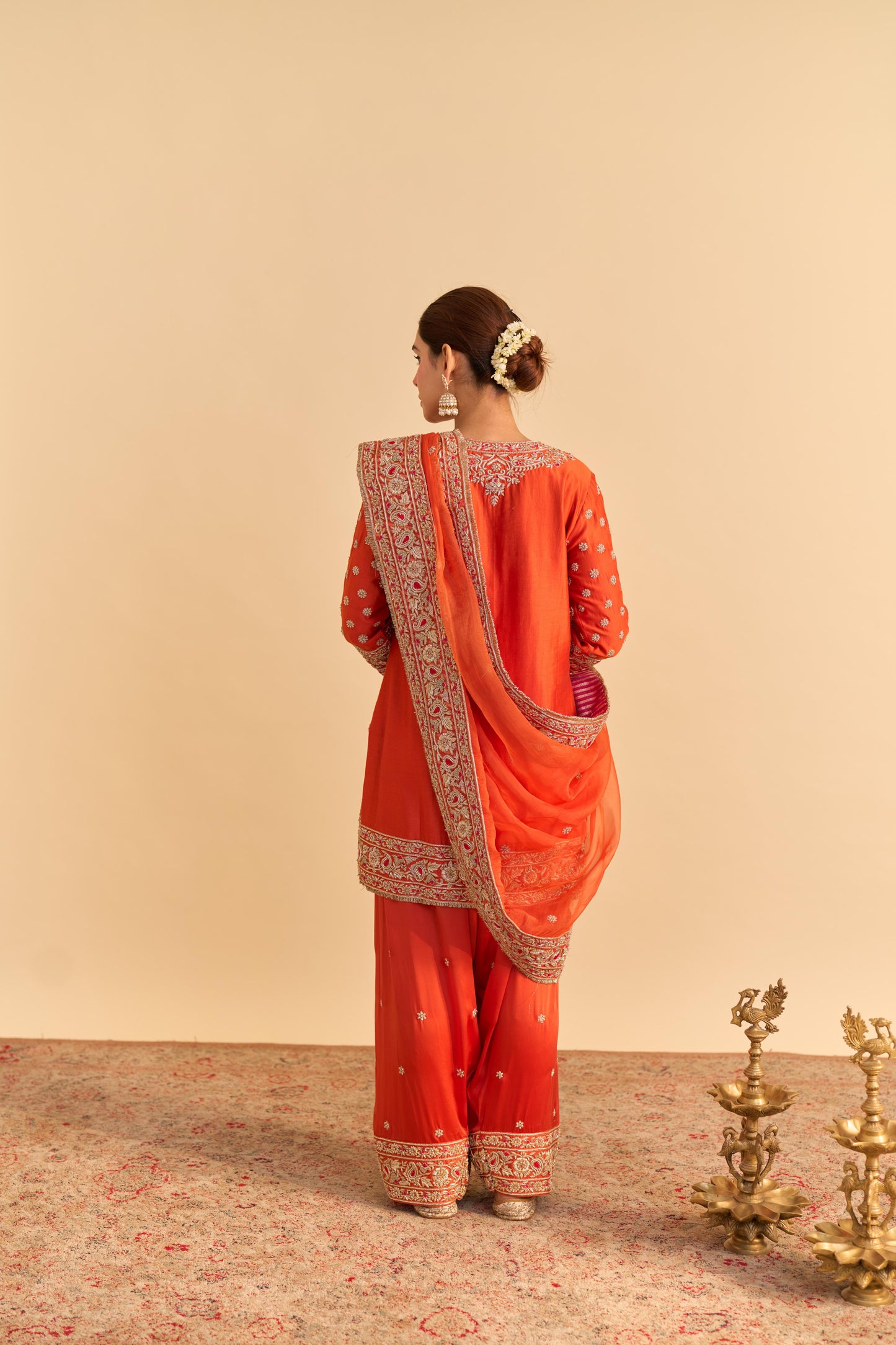 NASEHA BURNT ORANGE DABKA ZARDOZI EMBROIDERED SHORT KURTA SET
