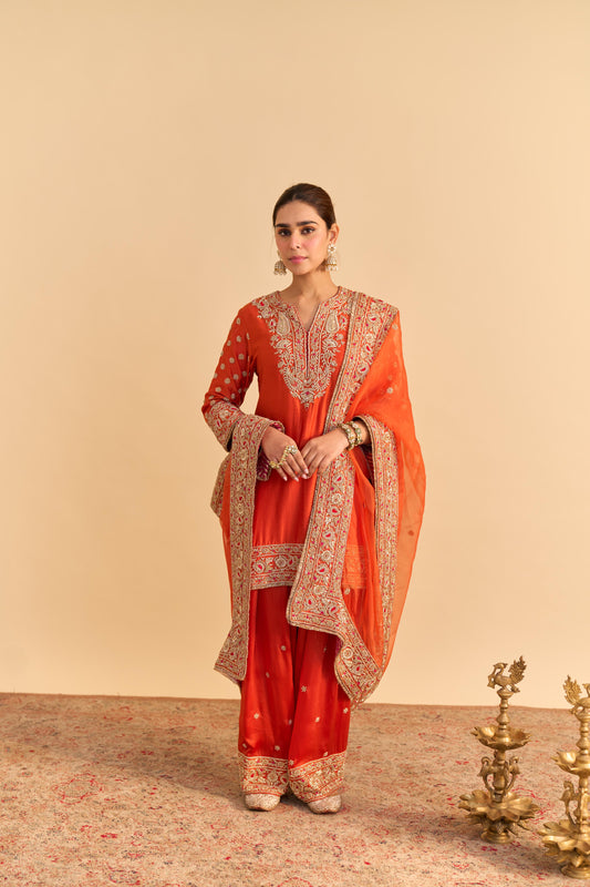 NASEHA BURNT ORANGE DABKA ZARDOZI EMBROIDERED SHORT KURTA SET
