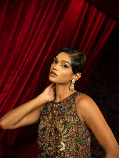 BLACK VINTAGE METAL EMBROIDERED A-LINE SHIFT DRESS WITH JALI HEMLINE & MULTICOLOUR POM-POMS