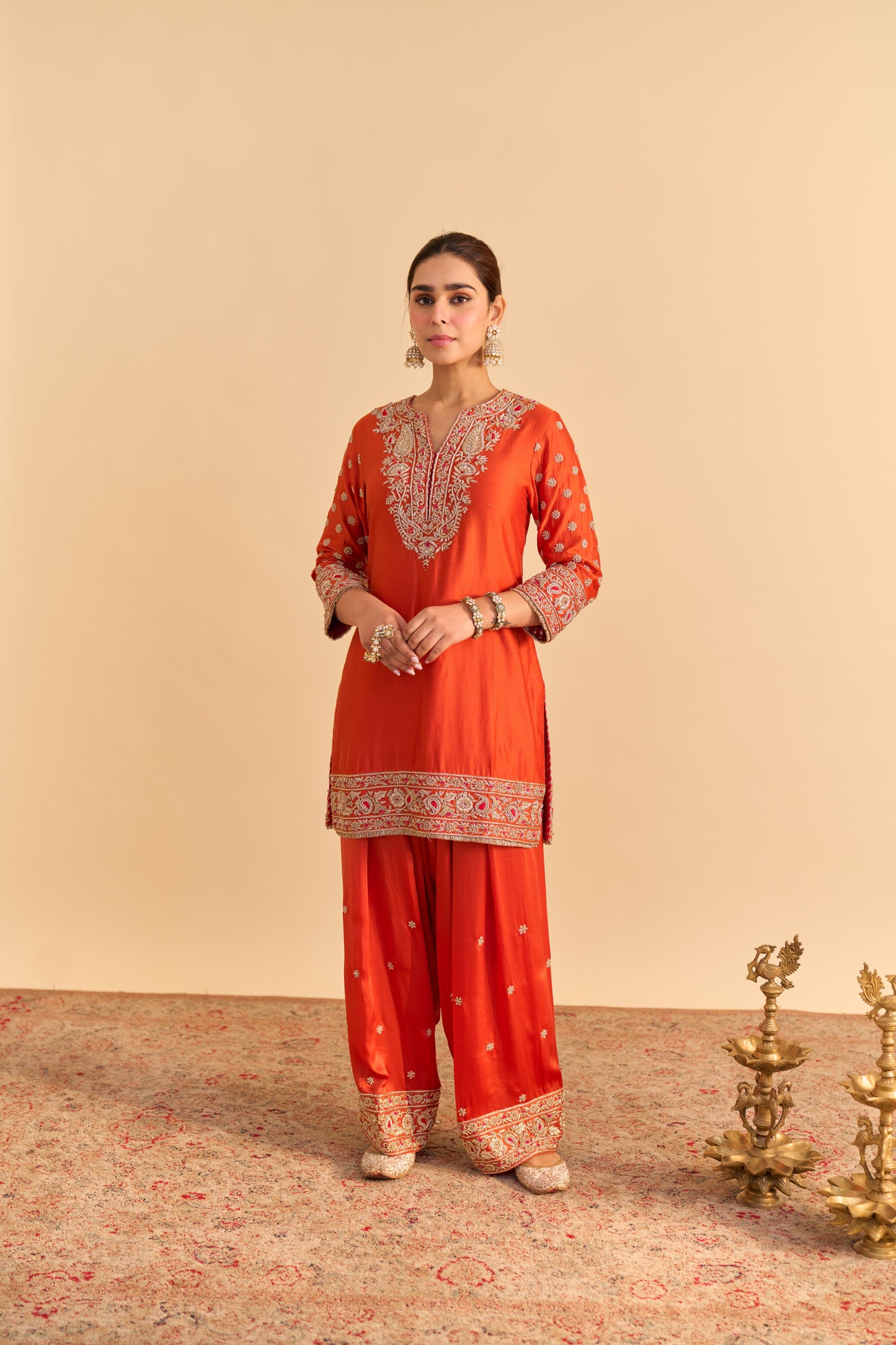 NASEHA BURNT ORANGE DABKA ZARDOZI EMBROIDERED SHORT KURTA SET
