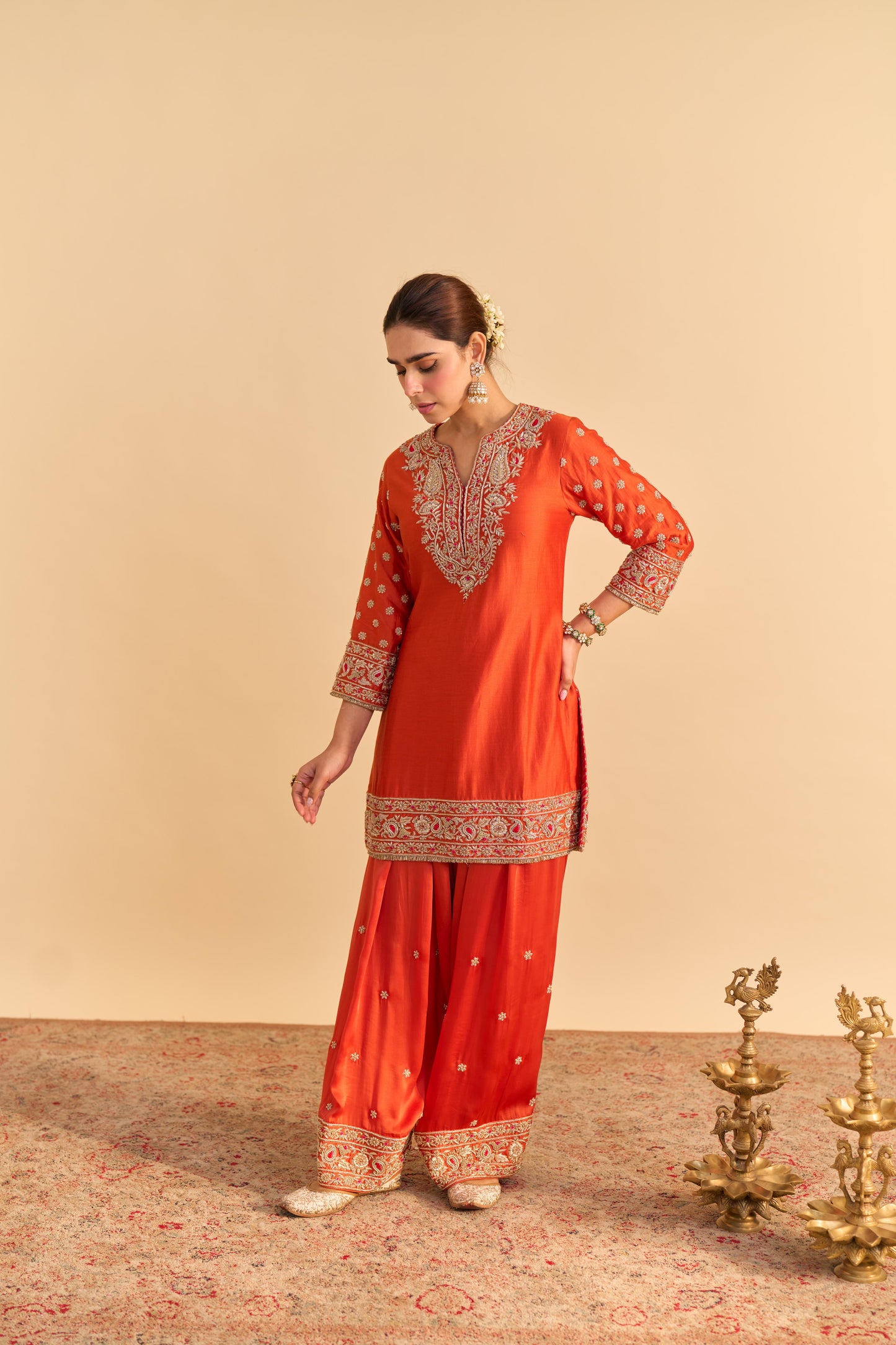 NASEHA BURNT ORANGE DABKA ZARDOZI EMBROIDERED SHORT KURTA SET