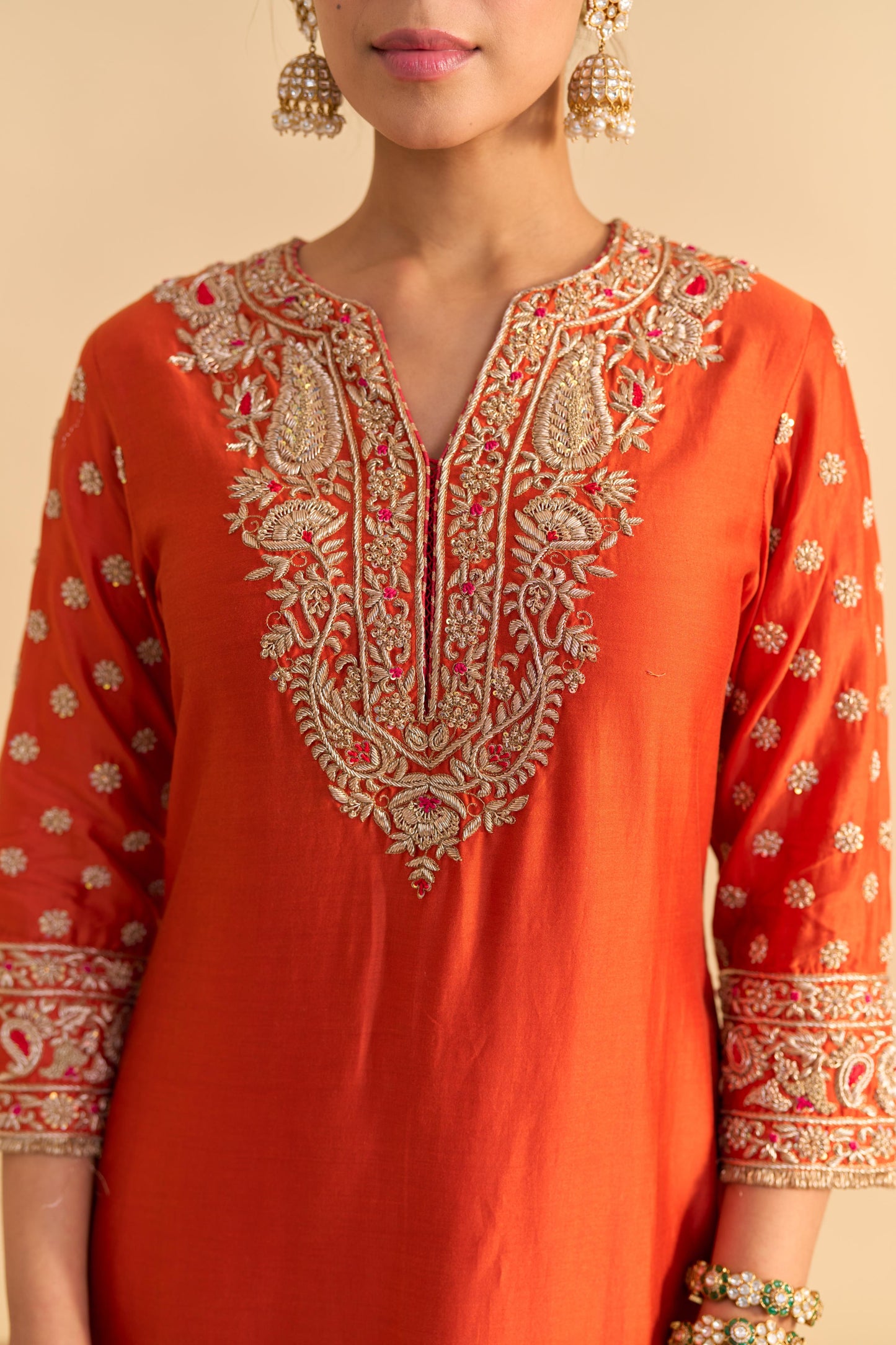 NASEHA BURNT ORANGE DABKA ZARDOZI EMBROIDERED SHORT KURTA SET