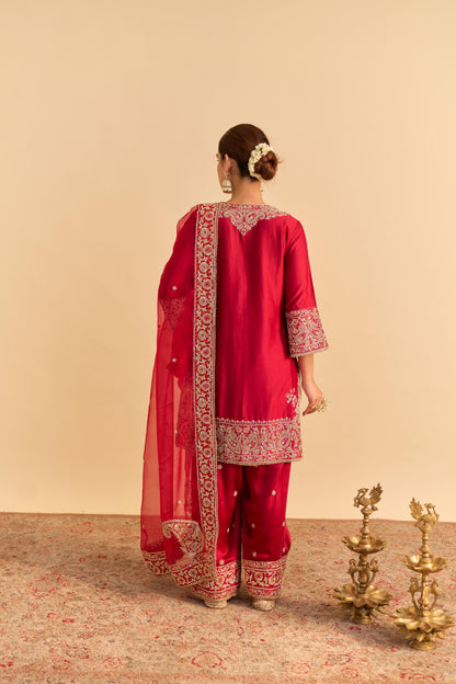DUA DEEP RED DABKA ZARDOZI EMBROIDERED SHORT KURTA SET