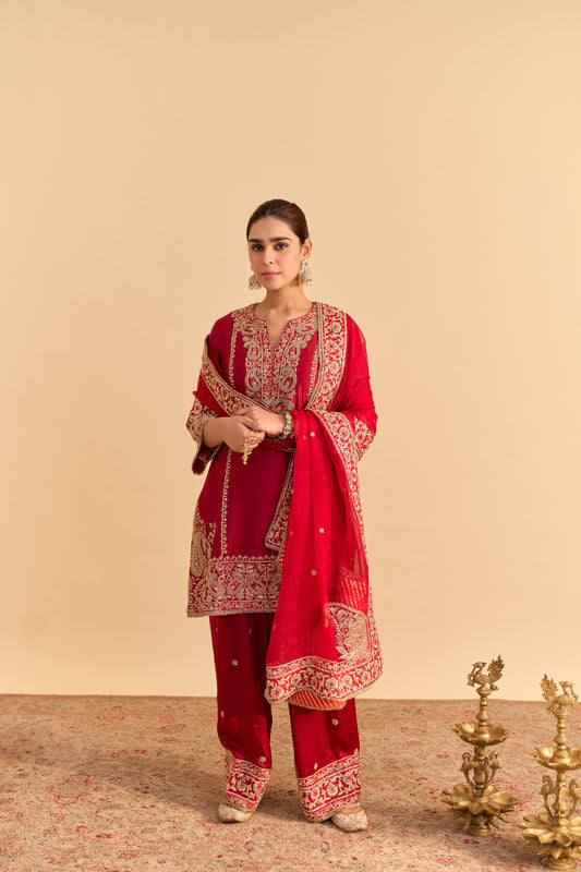 DUA DEEP RED DABKA ZARDOZI EMBROIDERED SHORT KURTA SET