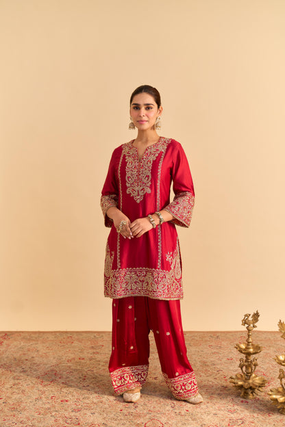DUA DEEP RED DABKA ZARDOZI EMBROIDERED SHORT KURTA SET