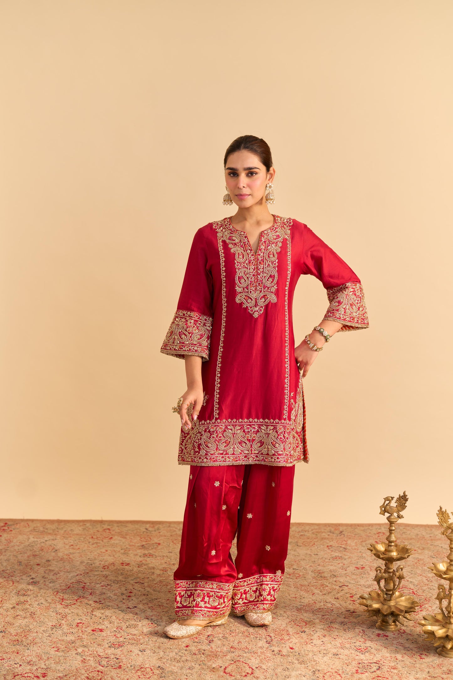 DUA DEEP RED DABKA ZARDOZI EMBROIDERED SHORT KURTA SET