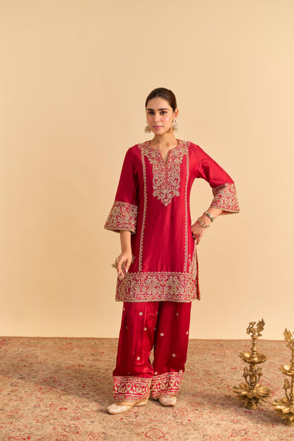 DUA DEEP RED DABKA ZARDOZI EMBROIDERED SHORT KURTA SET