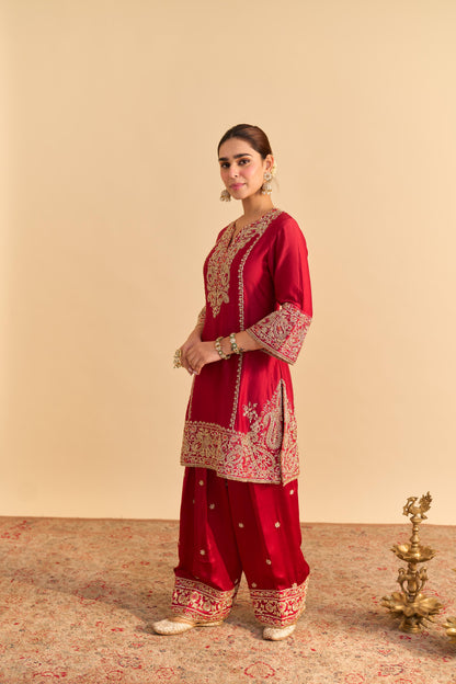 DUA DEEP RED DABKA ZARDOZI EMBROIDERED SHORT KURTA SET
