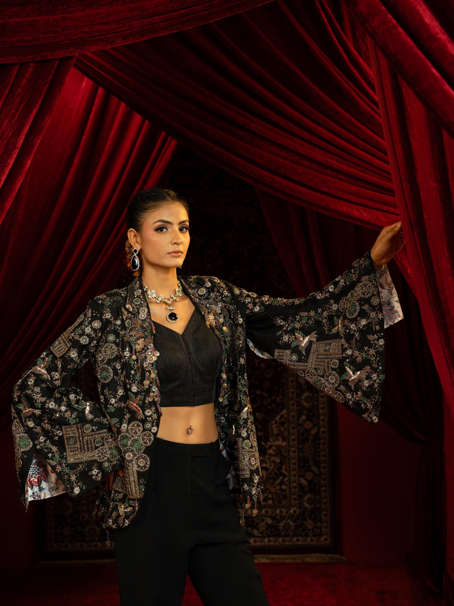 FULLY VINTAGE EMBROIDERED STYLISED JACKET WITH PANT & BUSTIER
