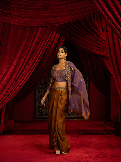 MOCHA MOUSSE DRAPE DHOTI SKIRT SET WITH PURPLE TISSUE QUILTED BUSTIER & CAPE