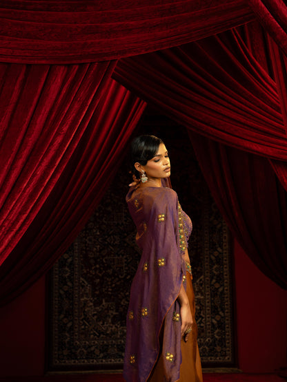 MOCHA MOUSSE DRAPE DHOTI SKIRT SET WITH PURPLE TISSUE QUILTED BUSTIER & CAPE