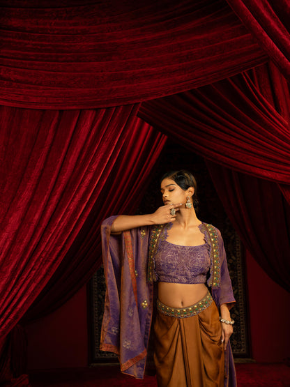MOCHA MOUSSE DRAPE DHOTI SKIRT SET WITH PURPLE TISSUE QUILTED BUSTIER & CAPE