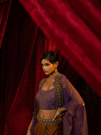 MOCHA MOUSSE DRAPE DHOTI SKIRT SET WITH PURPLE TISSUE QUILTED BUSTIER & CAPE