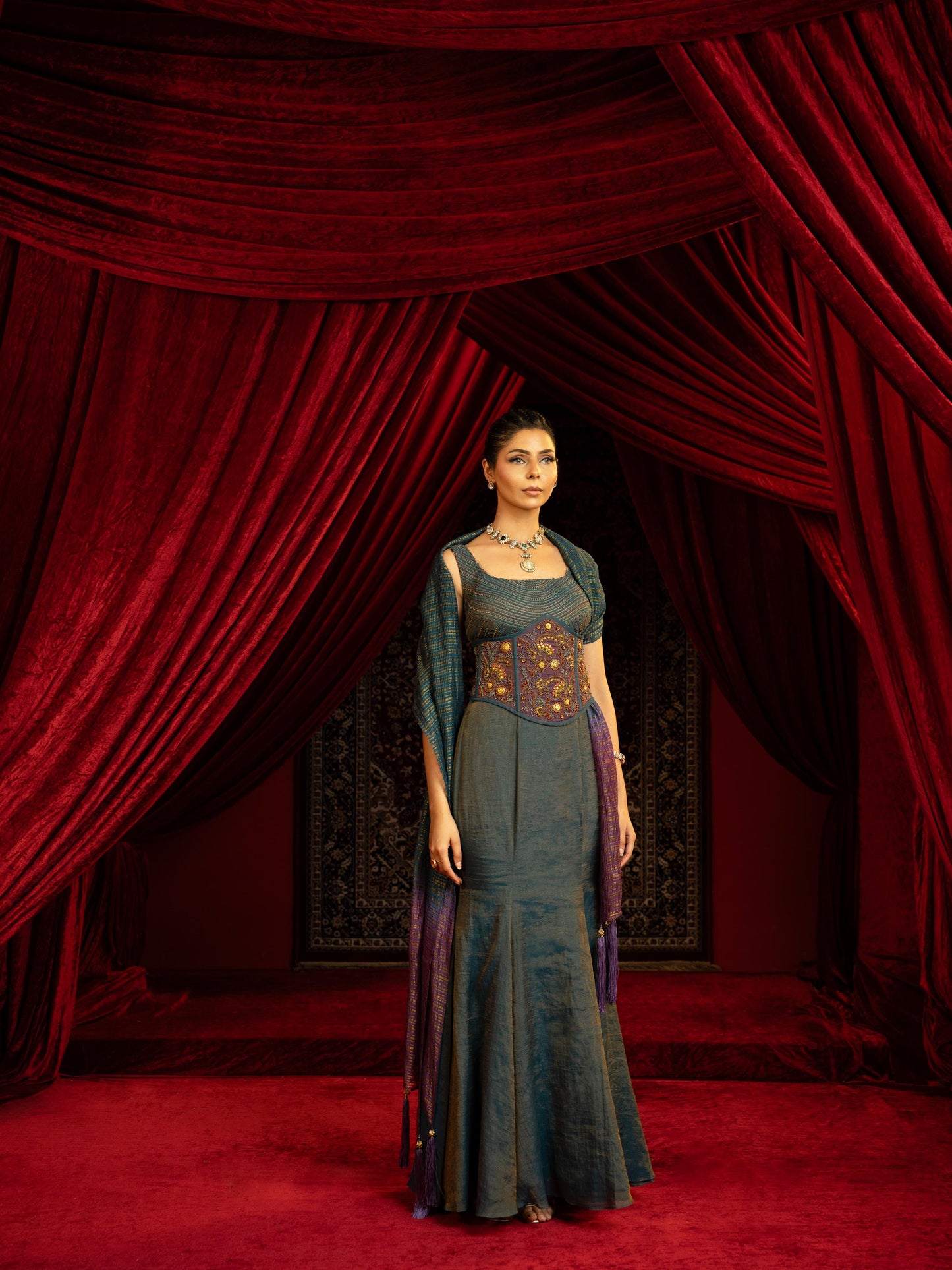 TEAL BLUE FISHCUT SKIRT SET WITH QUILTED BLOUSE, EMBROIDERED BELT & OMBRÉ DUPATTA