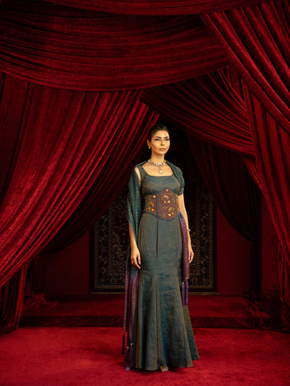 TEAL BLUE FISHCUT SKIRT SET WITH QUILTED BLOUSE, EMBROIDERED BELT & OMBRÉ DUPATTA