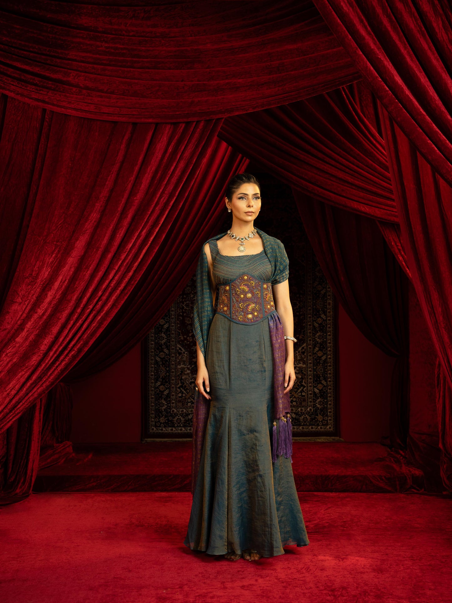TEAL BLUE FISHCUT SKIRT SET WITH QUILTED BLOUSE, EMBROIDERED BELT & OMBRÉ DUPATTA