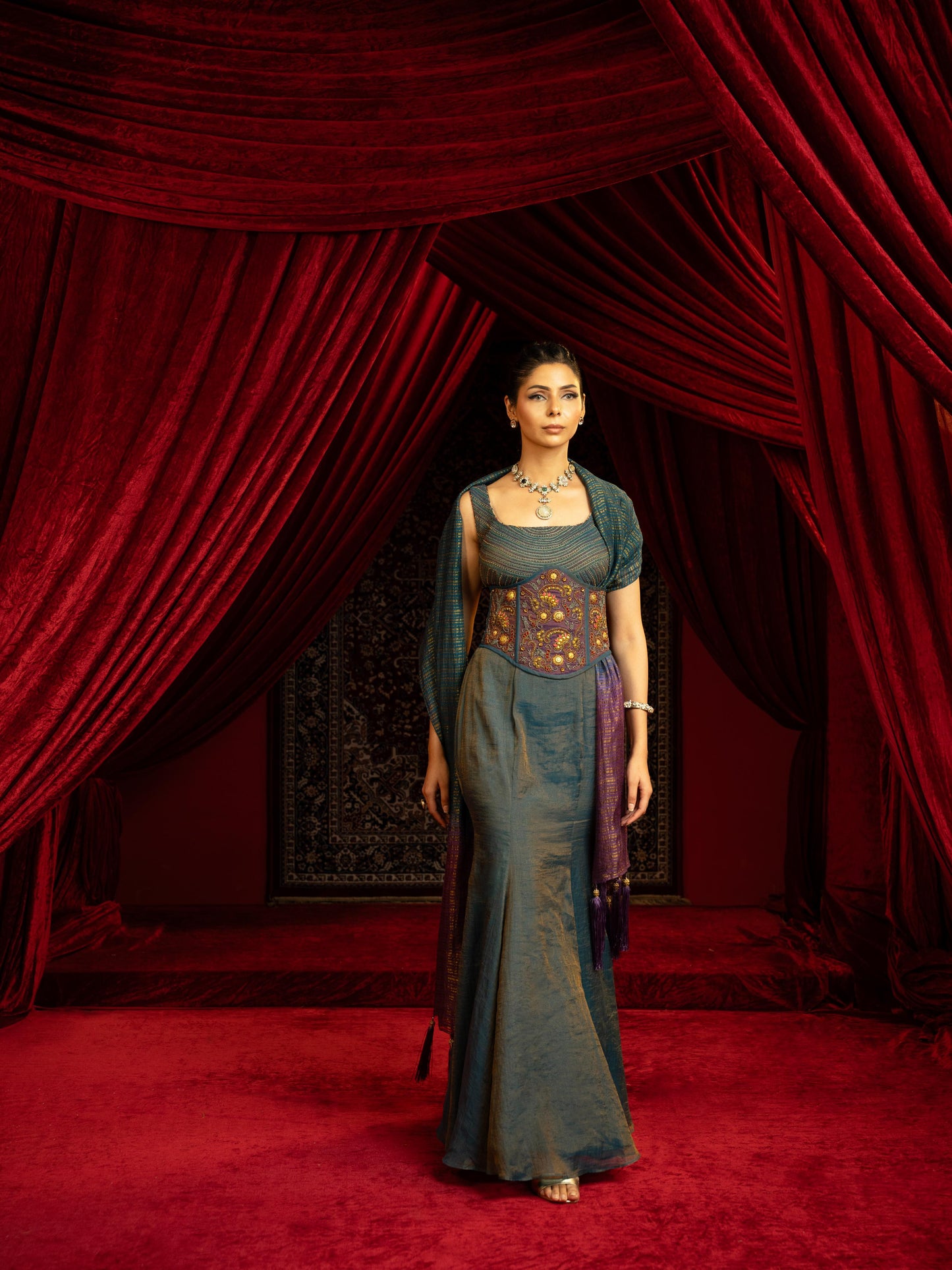 TEAL BLUE FISHCUT SKIRT SET WITH QUILTED BLOUSE, EMBROIDERED BELT & OMBRÉ DUPATTA