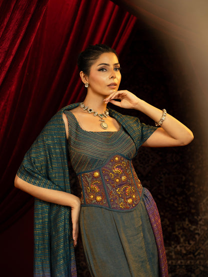 TEAL BLUE FISHCUT SKIRT SET WITH QUILTED BLOUSE, EMBROIDERED BELT & OMBRÉ DUPATTA