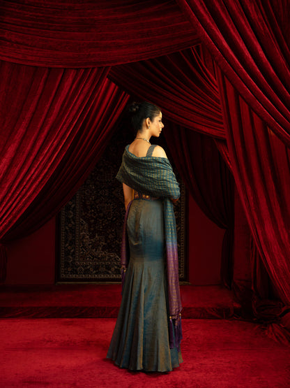 TEAL BLUE FISHCUT SKIRT SET WITH QUILTED BLOUSE, EMBROIDERED BELT & OMBRÉ DUPATTA