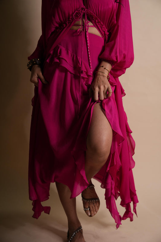 HOT STRAWBERRY CASCADE RUFFLED SKIRT
