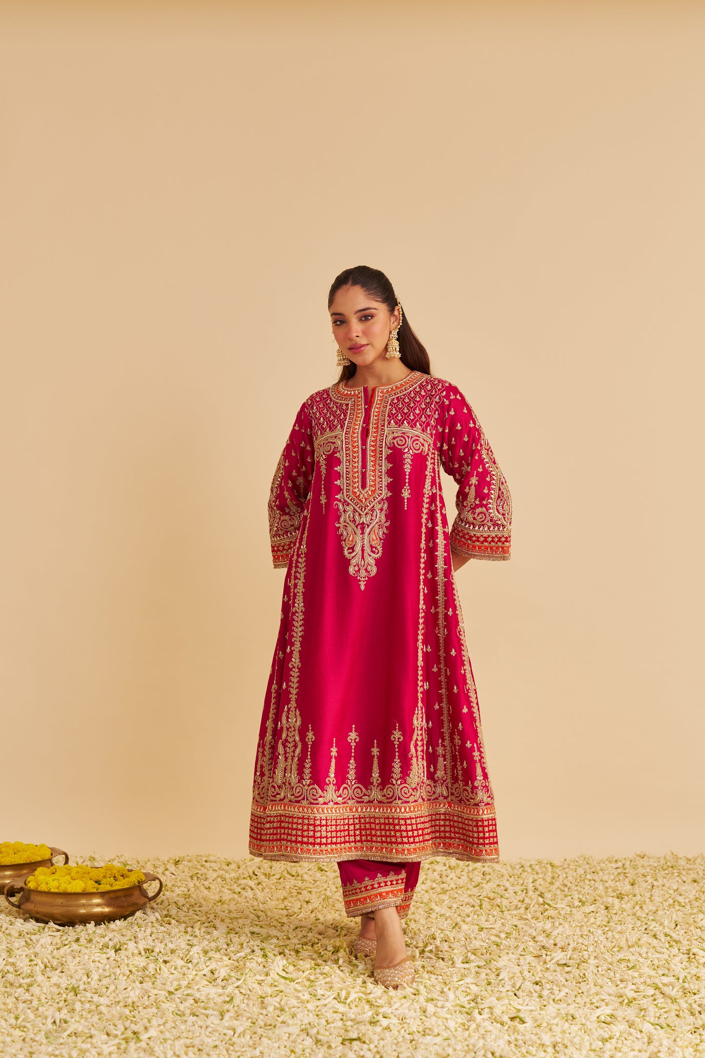 NARGIS - DABKA ZARDOZI EMBROIDERED RICH BANARASI KALIDAAR HOTPINK LONG CHAUGA SET