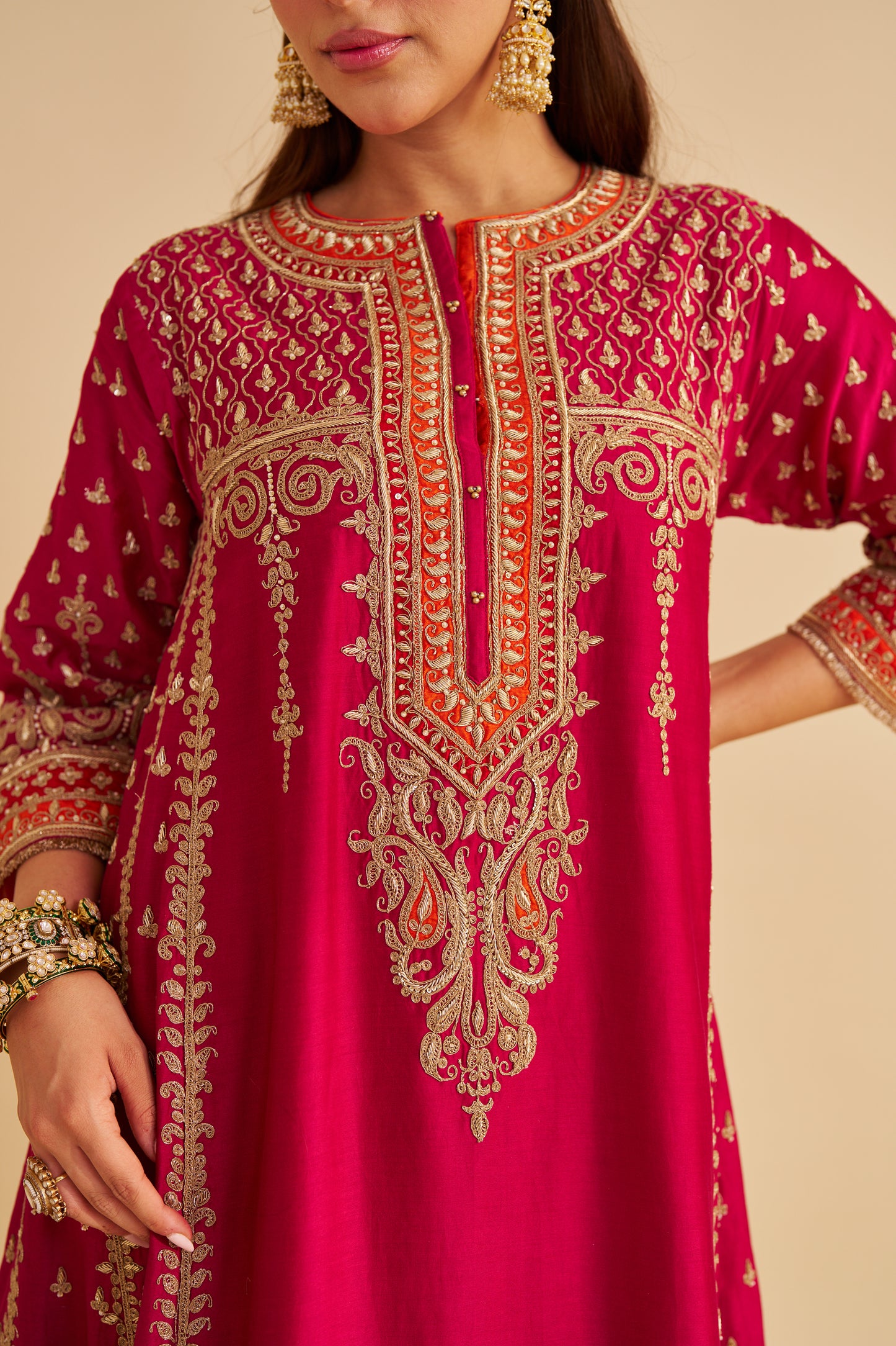 NARGIS - DABKA ZARDOZI EMBROIDERED RICH BANARASI KALIDAAR HOTPINK LONG CHAUGA SET