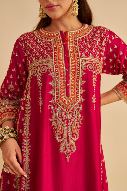NARGIS - DABKA ZARDOZI EMBROIDERED RICH BANARASI KALIDAAR HOTPINK LONG CHAUGA SET