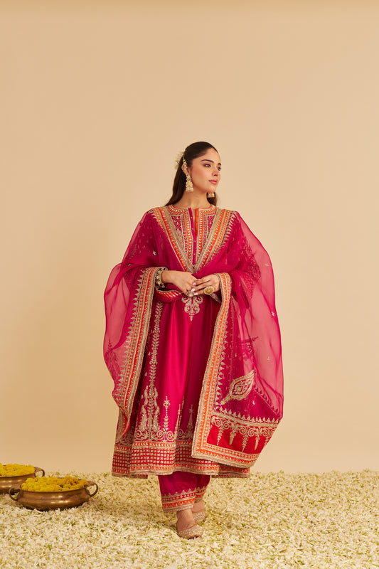 NARGIS - DABKA ZARDOZI EMBROIDERED RICH BANARASI KALIDAAR HOTPINK LONG CHAUGA SET