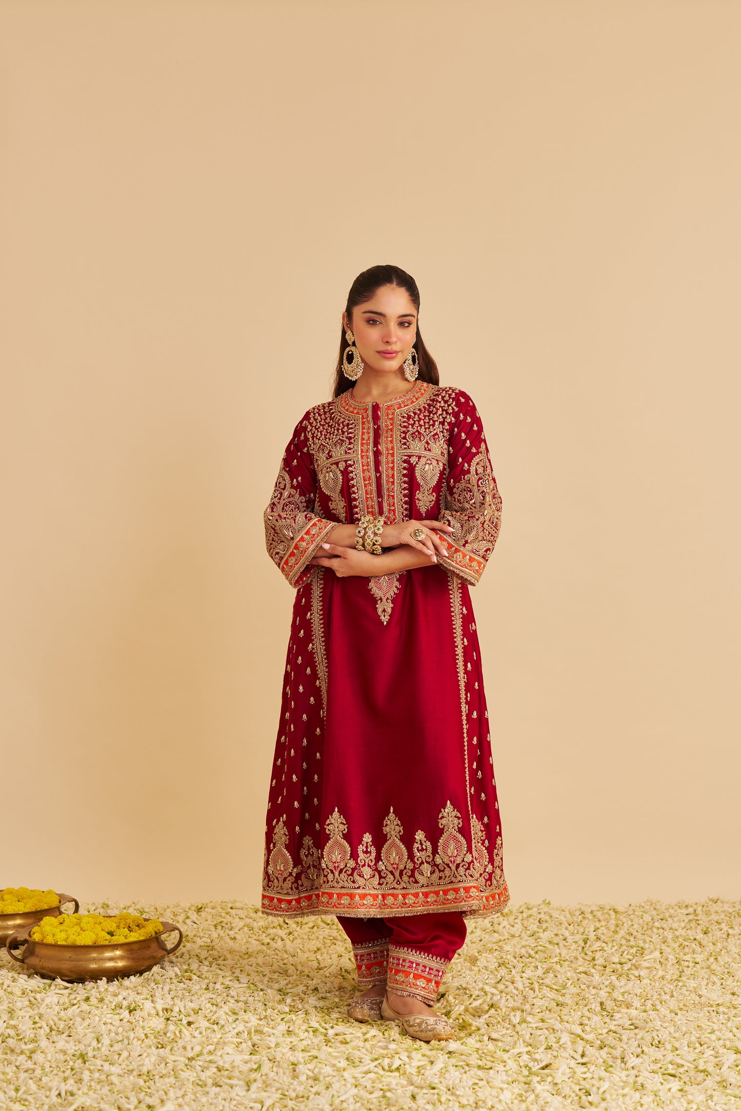 ZOYA - DABKA ZARDOZI EMBROIDERED RICH BANARASI KALIDAAR DEEP RED LONG CHAUGA SET