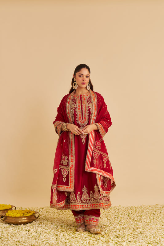 ZOYA - DABKA ZARDOZI EMBROIDERED RICH BANARASI KALIDAAR DEEP RED LONG CHAUGA SET