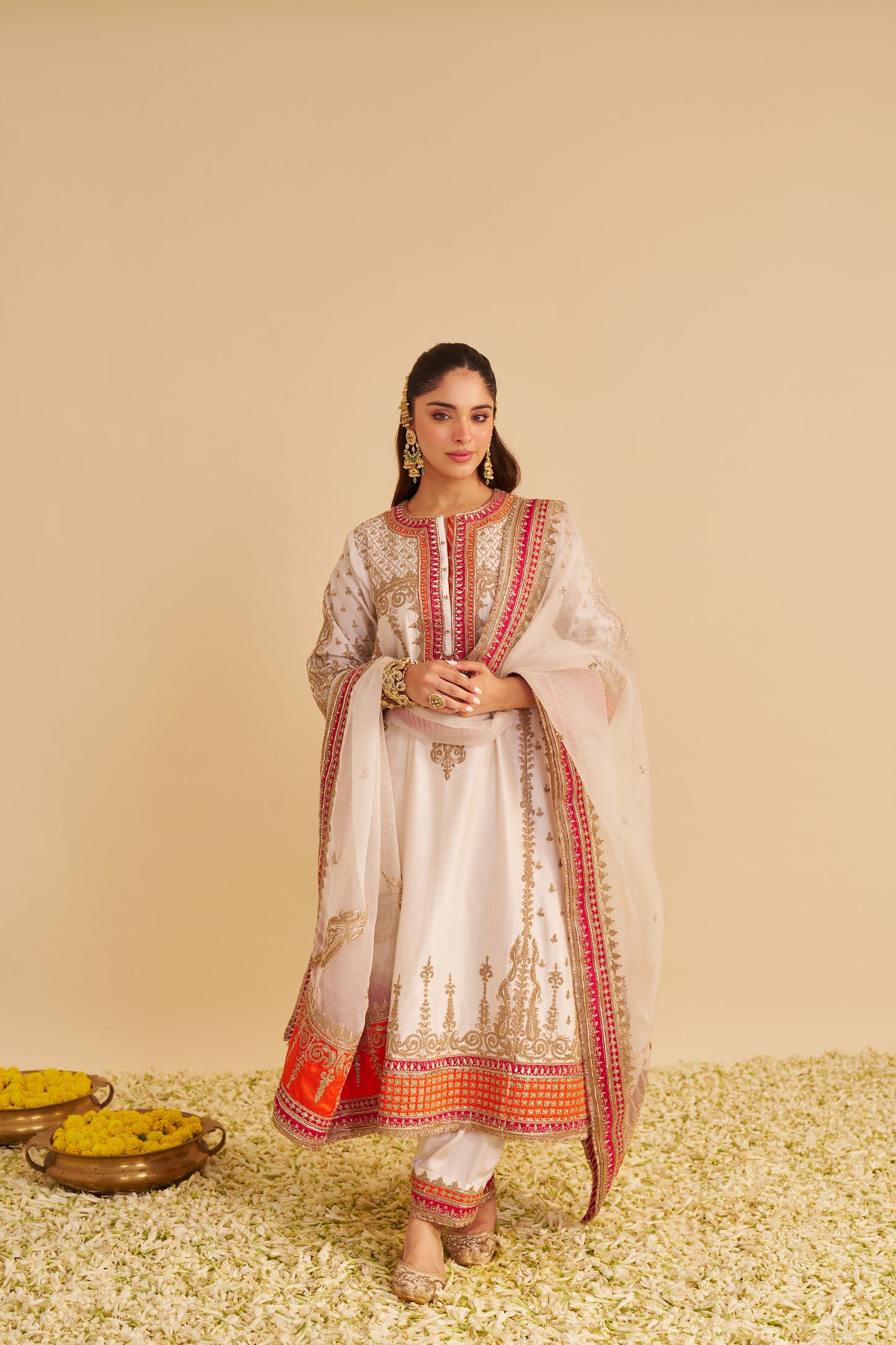 NARGIS - DABKA ZARDOZI EMBROIDERED RICH BANARASI KALIDAAR DAISY IVORY LONG CHAUGA SET
