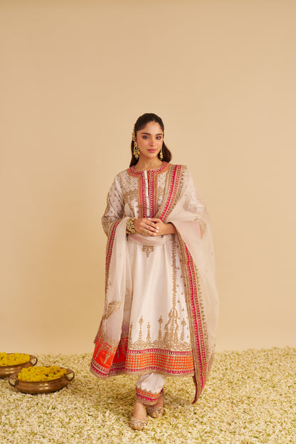 NARGIS - DABKA ZARDOZI EMBROIDERED RICH BANARASI KALIDAAR DAISY IVORY LONG CHAUGA SET