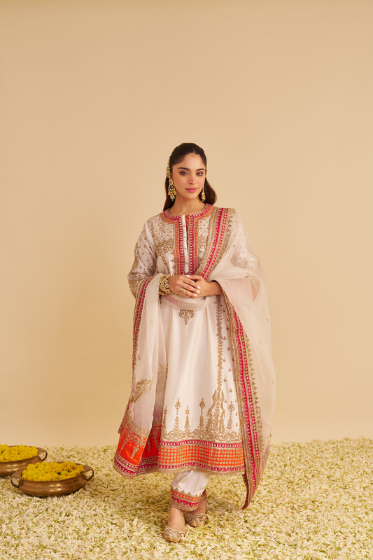 NARGIS - DABKA ZARDOZI EMBROIDERED RICH BANARASI KALIDAAR DAISY IVORY LONG CHAUGA SET
