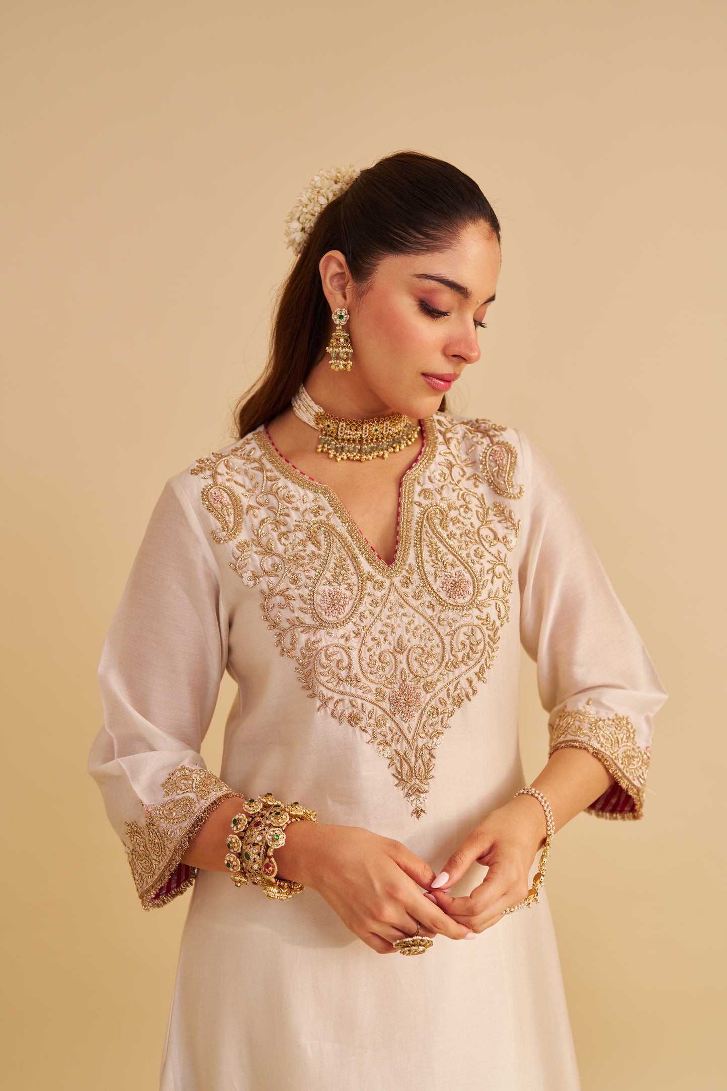 AREEFA - DABKA ZARDOZI EMBROIDERED RICH BANARASI DAISY IVORY SUIT & SALWAR