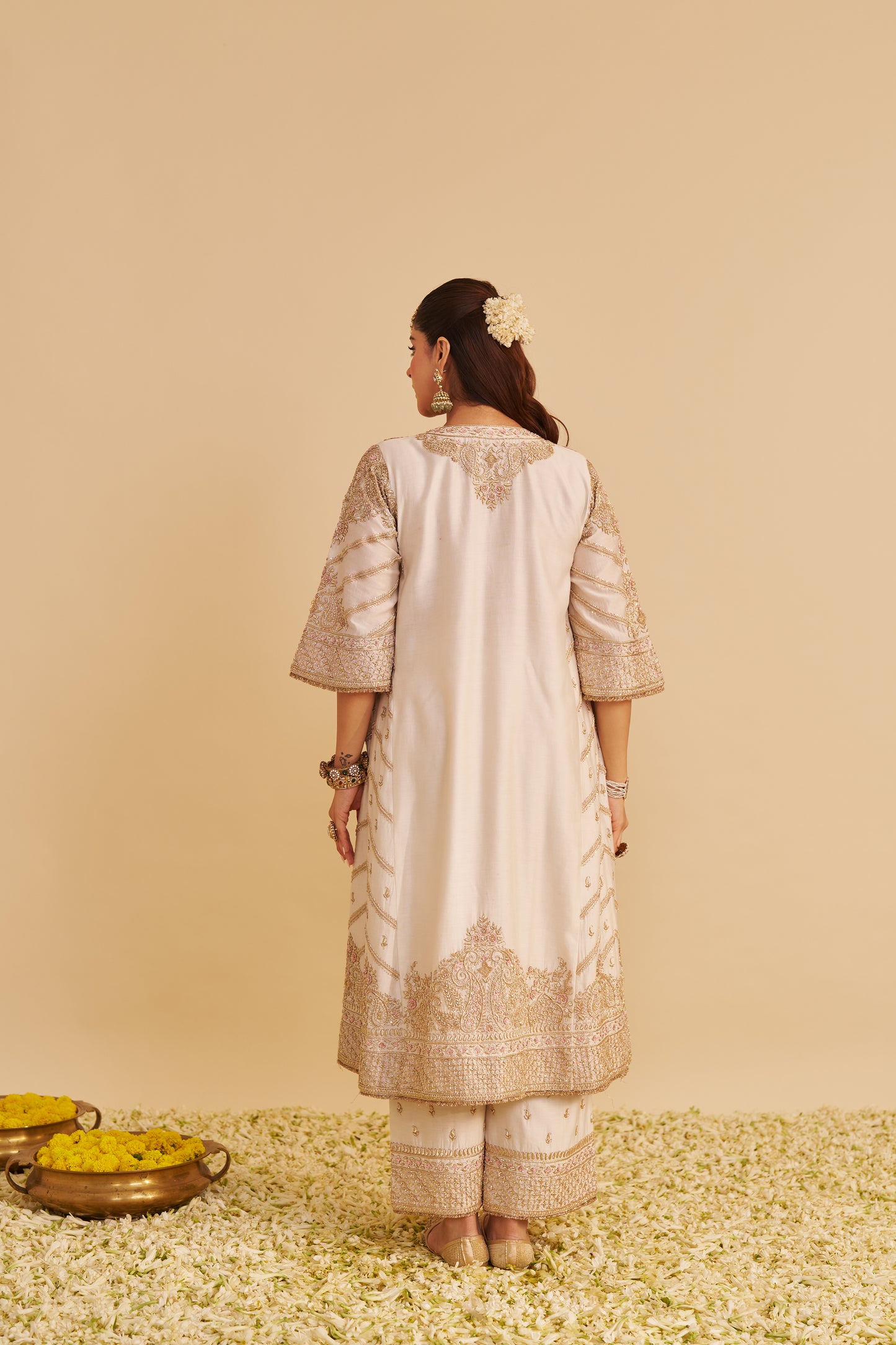 AQSHA - DABKA ZARDOZI EMBROIDERED RICH BANARASI DAISY IVORY LONG CHAUGA & PALAZZO