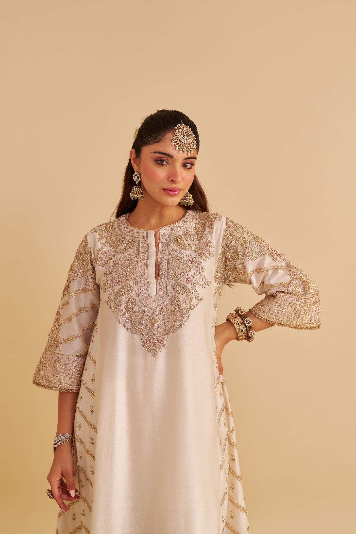 AQSHA - DABKA ZARDOZI EMBROIDERED RICH BANARASI DAISY IVORY LONG CHAUGA & PALAZZO