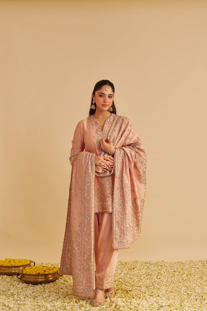 AREEBA - DABKA ZARDOZI EMBROIDERED PURE BANARASI OFF ROSE SHORT KURTA & SALWAR WITH DUPATTA