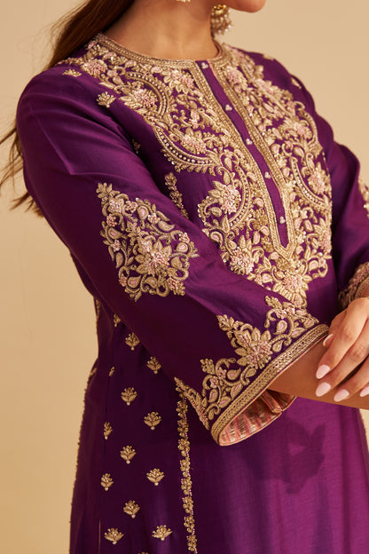 ANAIZA - DABKA ZARDOZI EMBROIDERED PURPLE LONG KURTA & PALAZZO WITH DUPATTA