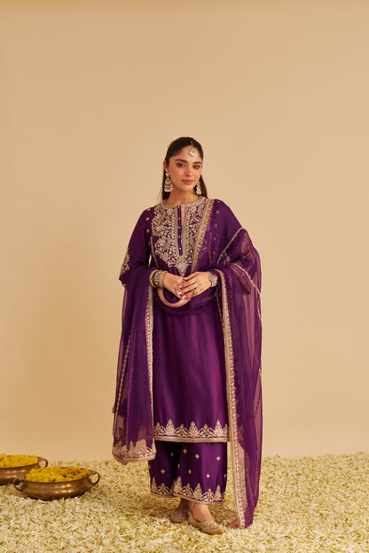 ANAIZA - DABKA ZARDOZI EMBROIDERED PURPLE LONG KURTA & PALAZZO WITH DUPATTA