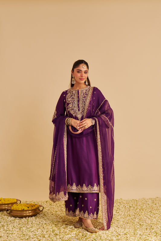 ANAIZA - DABKA ZARDOZI EMBROIDERED PURPLE LONG KURTA & PALAZZO WITH DUPATTA