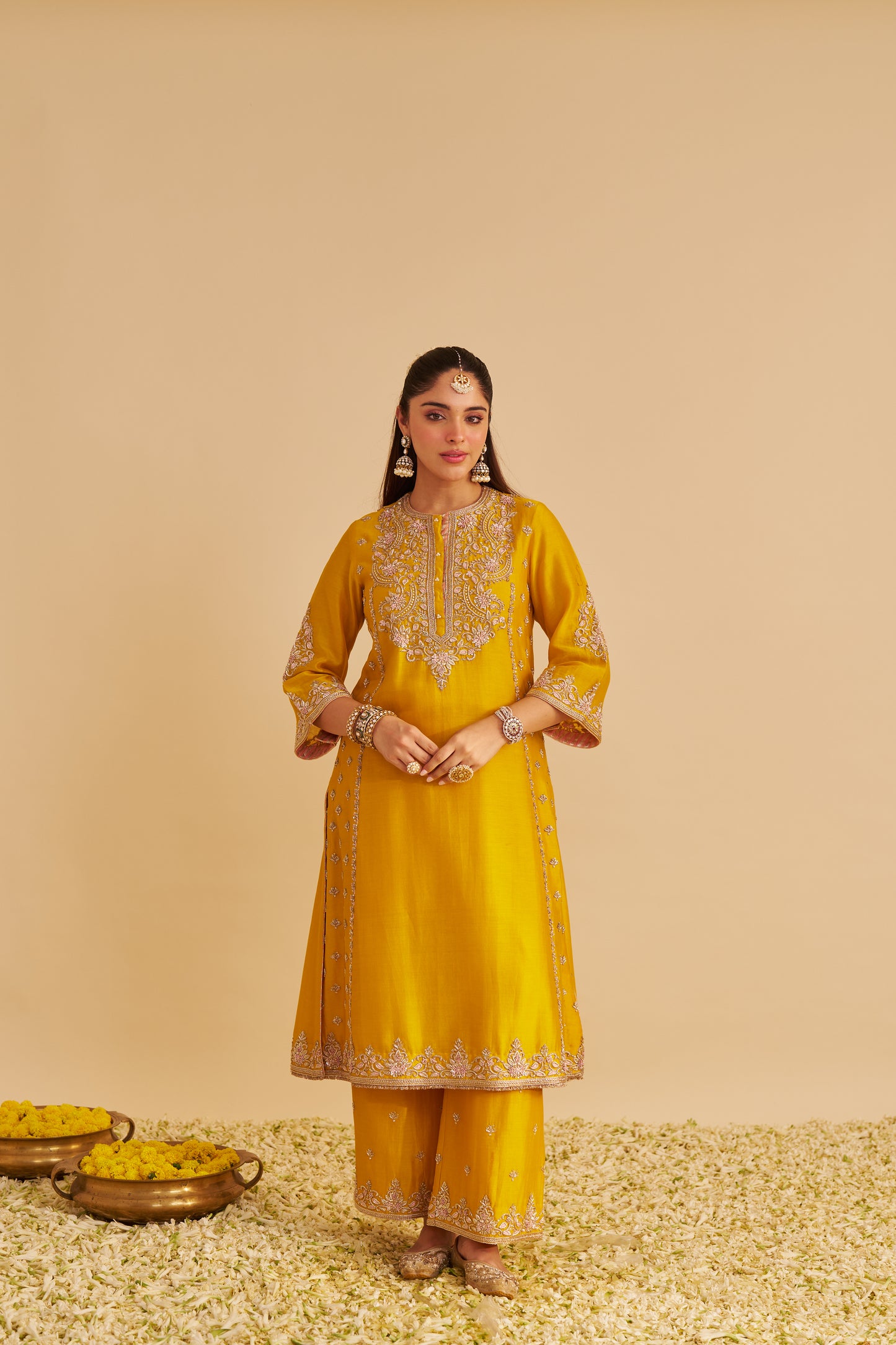 ANAIZA - DABKA ZARDOZI EMBROIDERED MUSTARD LONG KURTA & PALAZZO WITH DUPATTA